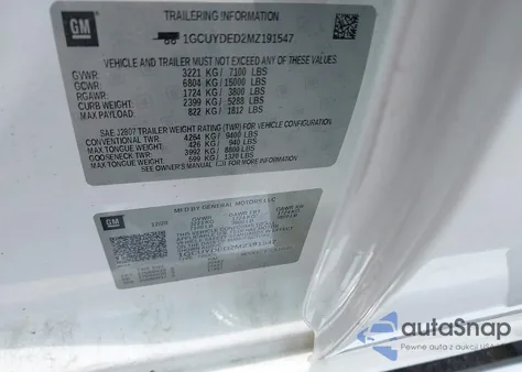 2021 Chevrolet Silverado 1500 4Wd Short Bed Lt z USA, uszkodzony, nr VIN 1GCUYDED2MZ191547